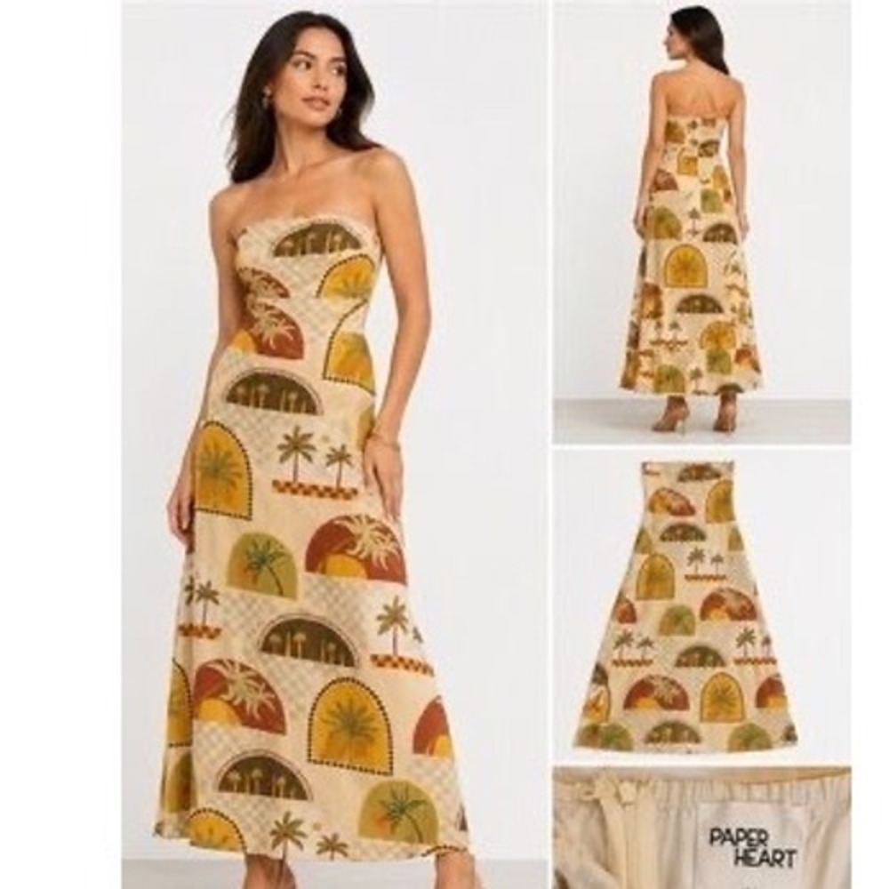 Paper Heart Strapless Tropical Palm Print Linen Blend Maxi Dress,‎ Women's Large